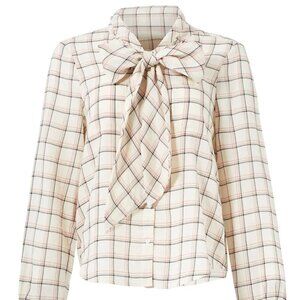 Joie Tie Front Blouse M | Brown Pink Cream Print Bib Collar Long Sleeve Boho Top